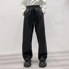 Hearujoy Casual Drawstring PU Leather Long Pants Men Trousers Spring Fall  Loose Y2k Elastic Waist Straight Wide Leg Faux Leather Pants
