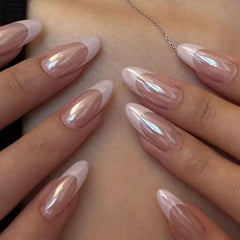 YICKYUE  -  24Pcs Hot Selling Press on Nails for Woman European American Coated Flash Wearable Nails French Pink Short Almond Color Nail Art