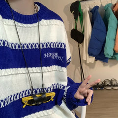 Hearujoy Patchwork Striped Men's Knitted Sweater Blue Pullovers Punk Black Sweaters Male Oversize Korean Streetwear Hip Hop