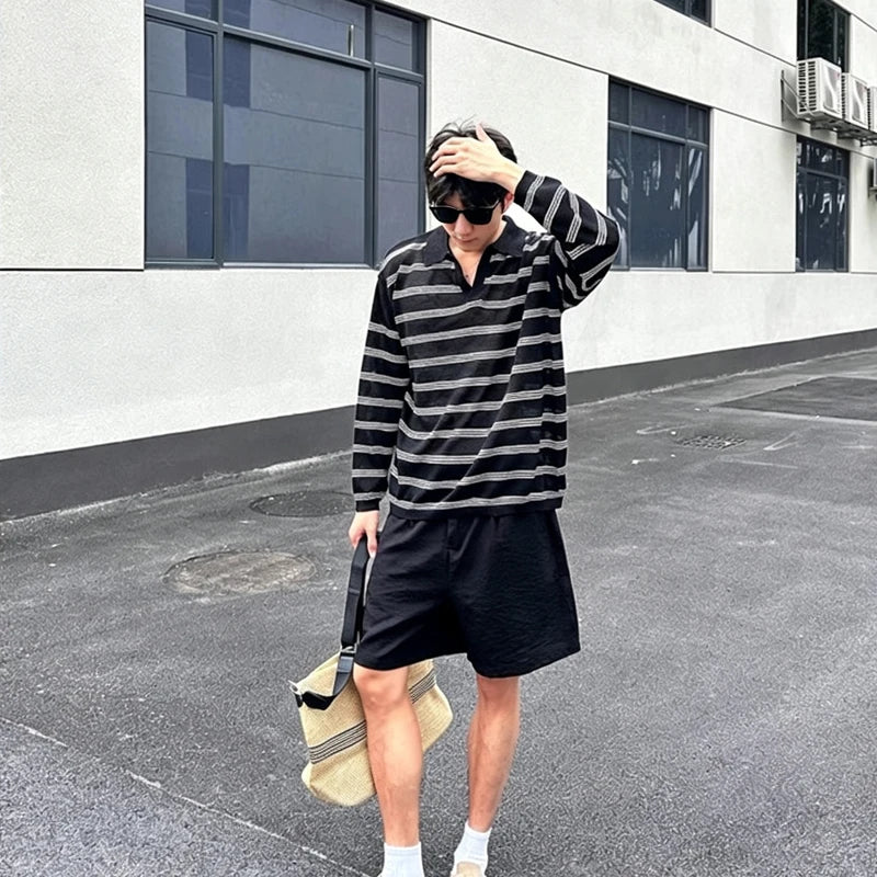 YICKYUE  -  American Style Striped Color-blocking Polo Shirt Men Summer Thin Ice Silk Sunscreen V-neck Long Sleeve Top Fashion Versatile Tee