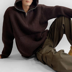 Hearujoy Mens Half-Zip Ripped Hooded Sweater Autumn And Winter Retro Distressed Loose Casual Solid Color Unisex Knitted Sweatshirt