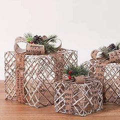 YICKYUE  -  3pcs/set Christmas Glow Gift Box With Bow Christmas Lighting Box Merry Christmas Iron Ornament Xmas Home Tree Party Decroation