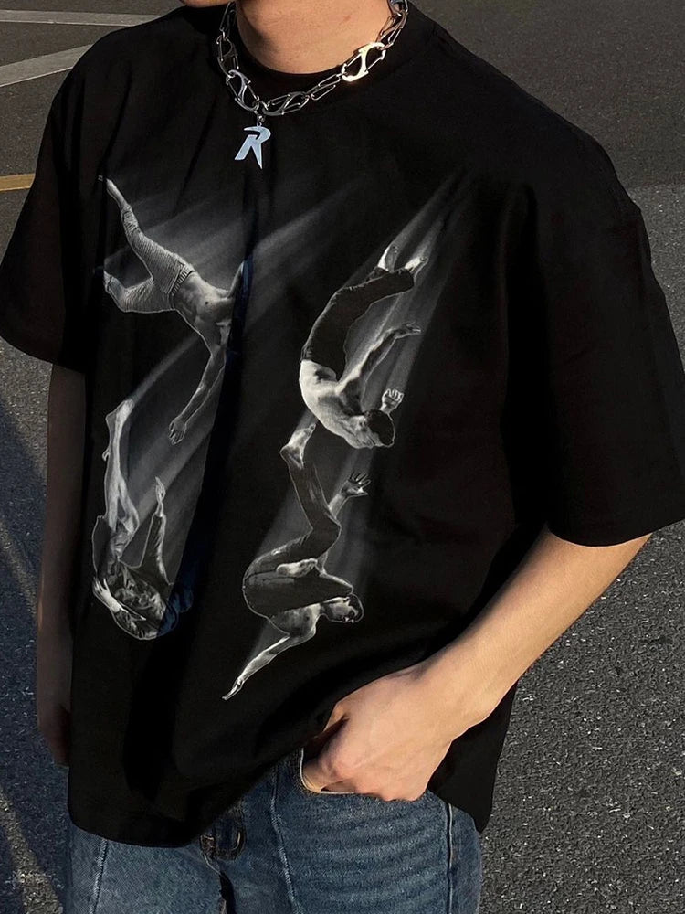Hearujoy American Street Pure Cotton Abstract Graffiti Print Summer New Fashion Casual Short-Sleeved T-Shirt Mens Trendy Loose Top