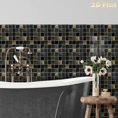 YICKYUE  -  2d Flat | 10/11/12/13 Pcs-Black & Gold Square Mosaic Peel And Stick-Self-Adhesive Wall Tiles-Independence Day/Birthday Decor