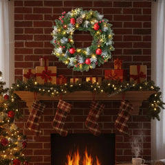 YICKYUE  -  Christmas Wreath Garland for Front Door, LED Artificial Pinecone Red Berry Ball, Wall Window Hanging Decor, Xmas Ornaments