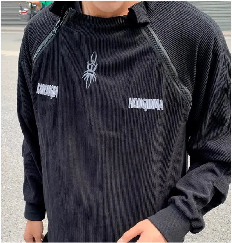 HEARUJOY  -  High Street Embroidered Sweatshirt Mens Corduroy Half Zipper Design Trend Tops Round Neck Letters Harajuku Pullover Shirt