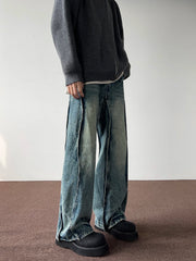 Hearujoy Retro Patchwork Vintage Jeans Men's Straight Leg Heavyweight Cleanfit High Street Deconstruction Wide Leg Slightly Flared Pants