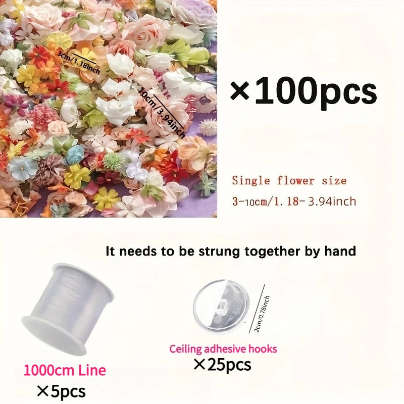 YICKYUE  -  100pcs Boho Fabric Artificial Flowers with 50m Fishing Line Set Hanging Ornaments Featherless Floating Petals Wedding Home Decor