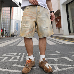 HEARUJOY  -  Yellow mud-dyed, washed and worn-out holes straight denim cropped pants. Retro men's summer straight thin shorts are fashionable