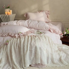 YICKYUE  -  French Lace Ruffles Princess Wedding Bedding Set Pure Cotton Double Layer Yarn Soft Duvet Cover Flat/Fitted Bed Sheet Pillowcase