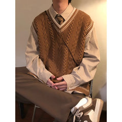 HEARUJOY  -  Preppy Style V Neck Knit Vest For Men Spring Autumn New Style Japanese Retro Sleeveless Sweater Vest Pullover Waistcoat Jacket