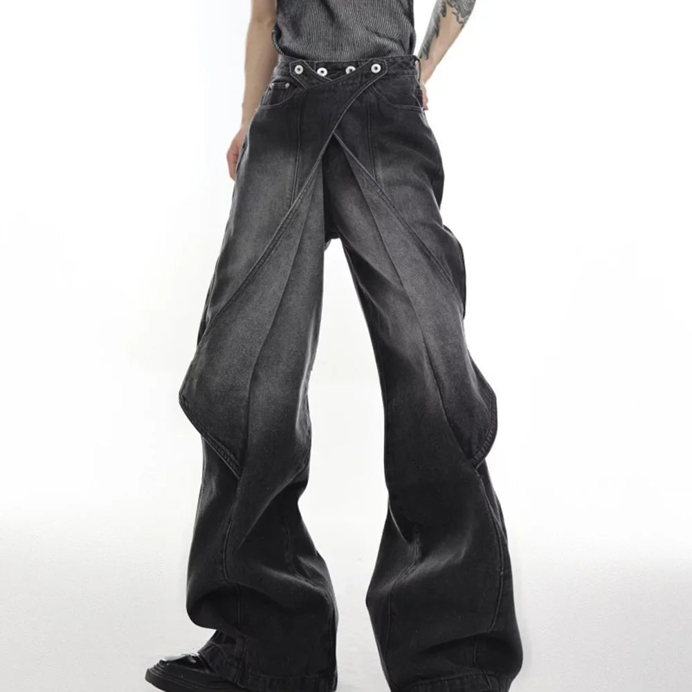 Hearujoy Men Casual Jeans Summer Heavy-Duty Old Washed Jeans Deconstructed Cut-Out Design Gradient Color Flared Pants Wide-Leg Pants