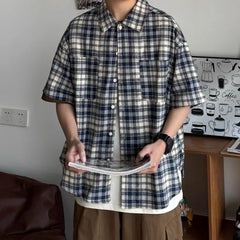 HEARUJOY  -  New Men's Color-blocking Retro Plaid Shirt Lapel Teenager