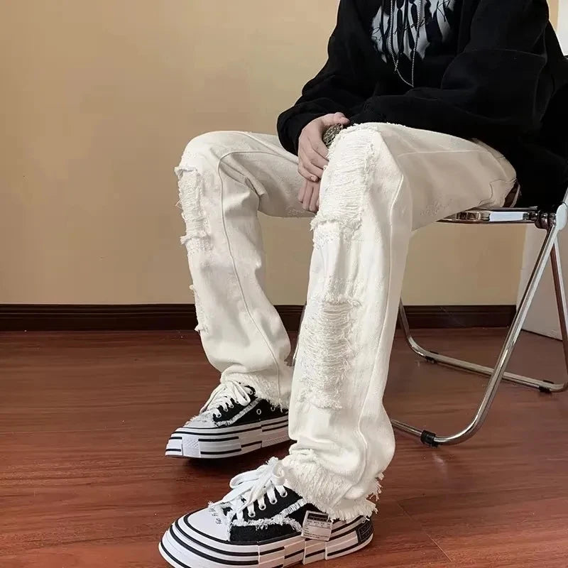 HEARUJOY  -  Spring and Autumn New White Pants Men's Design Sense American High Street Hip Hop Fake Piercing Jeans Micro Pull Pants