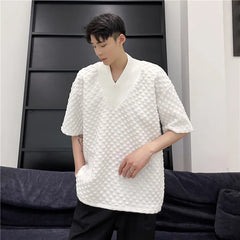 Hearujoy New Summer Korea Waffle T-shirt Fashion Tide Personality V-neck Design Loose Short Sleeve Minority Men Tees Black White