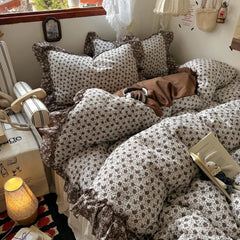 YICKYUE  -  Ins Princess Bedding Sets Vintage French Pastoral Flowers Lace Ruffles Girls Duvet Cover Set Pillowcase For Home Bedroom