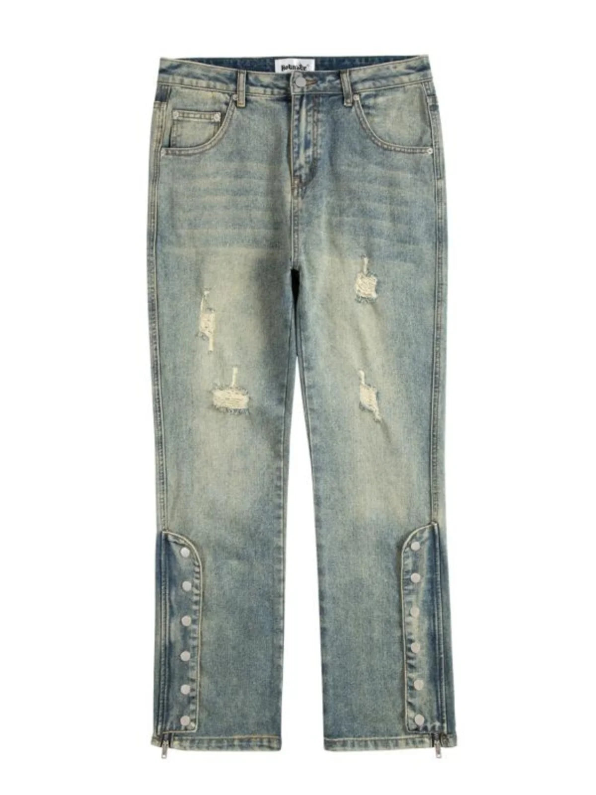 Streetwear Men Blue Washed Jeans Relaxed Fit Side Zipper Buckle Tapered Jeans Pants Male Distressed Hole Denim Pants Vintage