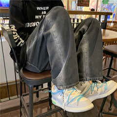 HEARUJOY  -  Men Wide Leg Ankle Length Jeans Washed Jean Denim Trousers Mid Waist Distressed Pockets Straight Pants Zipper Fly Vintage