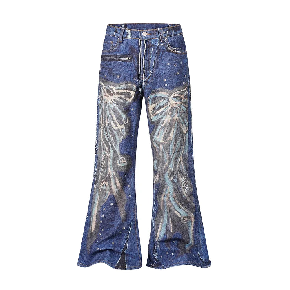 Hearujoy Butterfly Knot Rivet Print Blue Washed Baggy Flare Jeans for Men and Women Streetwear Patchwork Loose Denim Trousers