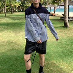 Hearujoy Spring Autumn Simple Temperament Loose Casual Fashion Oversized Versatile Striped Hooded Shirt Single-Breasted Spliced Tops