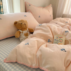YICKYUE  -  3/4PCS Ins Peach Bedding Set Grey Grid Cherry Embroidery Shell Seam Edge Double-layer Yarn Super Soft Comfortable Bedroom Decor