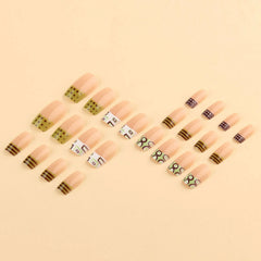 YICKYUE  -  Press On Nails 24 Pcs Geometric French Resin False Nails Matcha Green Brown Polka Dot Stripe Reusable Removable Tips For Women
