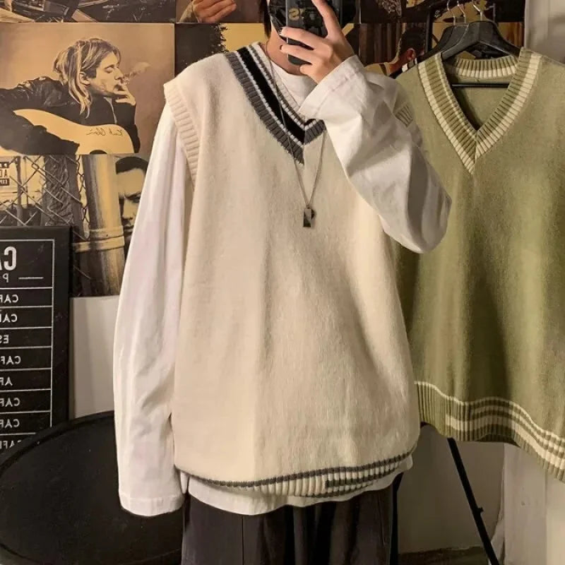 HEARUJOY  -  Lazy Style V-Neck Knitted Sweater Vest Top for Men And Women Spring Autumn College Style M to XXL Sizes Available