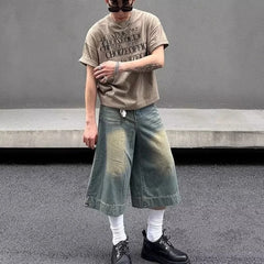 HEARUJOY  -  Summer Trend Denim Cropped Trousers Mens American Hip Hop Washed Wide Leg Shorts Unisex  High Street Straight Cowboy Mid Pants