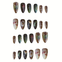YICKYUE  -  24Pcs False Nails Forest Print Almond Shape Butterflies Mushrooms and Polka Dots Press-On Nails—Perfect As A Gift for Girls