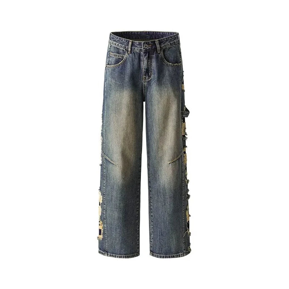 Hearujoy Both Side Hole Ripped Casual Bootcut Men and Women Streetwear Washed Blue Jeans Pants Distressed Casual Denim Trousers Oversize