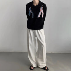 Hearujoy Mens Autumn Winter Lazy Style Thickened Embroidered Knitted Sweater Essential Gender-Neutral Loose Lapel Niche Knitted Sweater