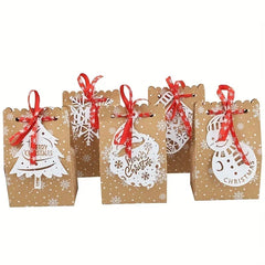 YICKYUE  -  12 Pcs Christmas Kraft Paper Gift Bags With Hanging Tags And Xmas Ribbon, Holiday Treat Sacks With Snowman, Santa, Tree, Sock