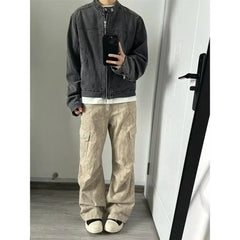 HEARUJOY  -  Punk Gray Denim Jacket Men's American Retro Heavy Industry Coat Metal Design Stand Collar Old Washed Short Spliced Street Jacket