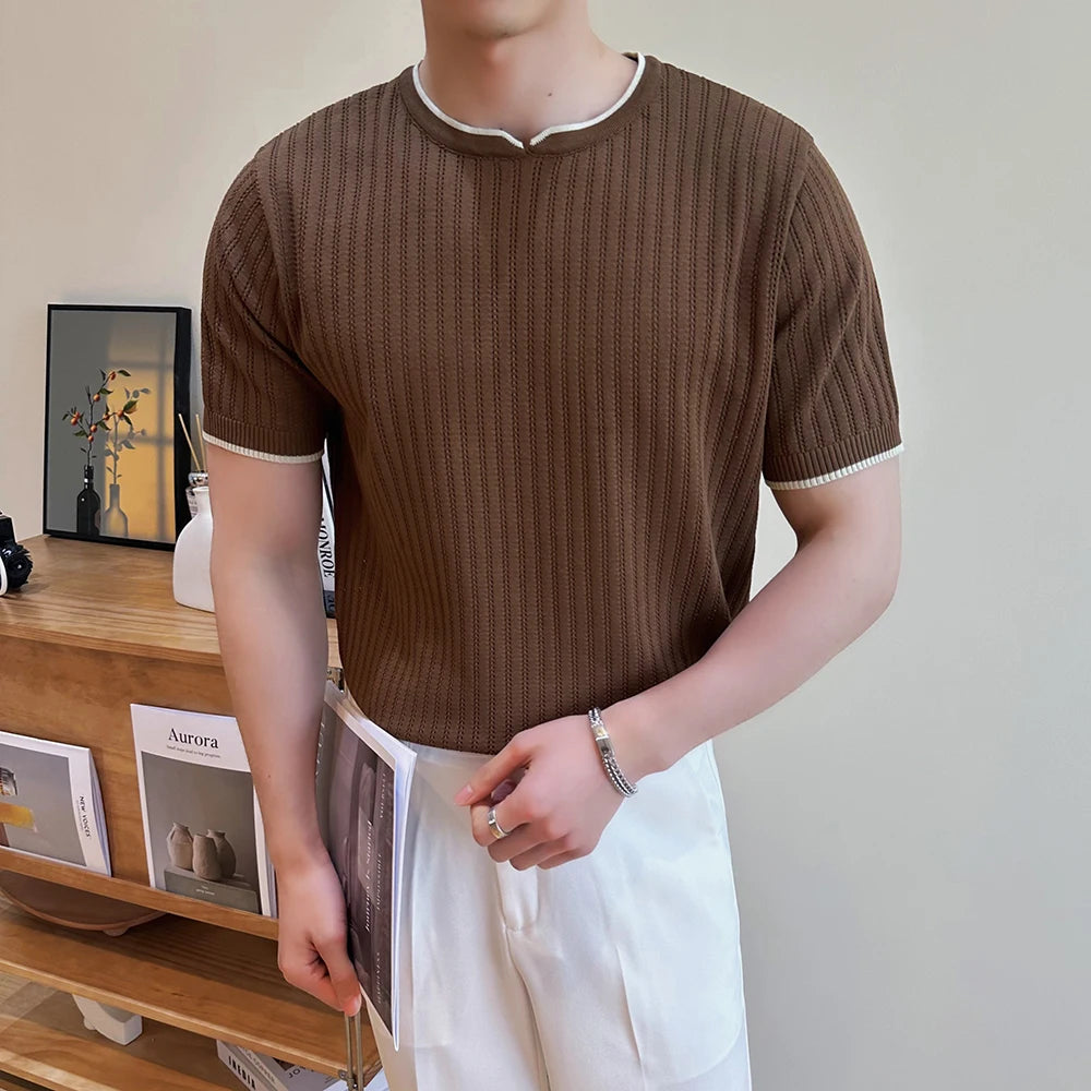 HEARUJOY  -  Summer Breathable T-Shirts Men Korean Luxury Clothing O-Neck Short Sleeve Knitted Mens T Shirt Fashion Hollow Tops&Tees 3XL
