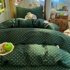 YICKYUE  -  Dark‑Green Polka‑Dot Bubble Crinkle Microfiber Bedding Set,1 Duvet Cover,1 Flat Sheet & 2 Pillowcases,Soft Breathable Bed Linens