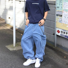 Hearujoy Jeans Y2K Mens Baggy Denim Cargo Trousers Stylish American Vintage Light Wash Streetwear Pockets Urban Fashion Men's Clothing