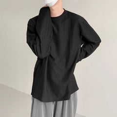 Hearujoy Mens Autumn Winter Personalized Pleated Long-Sleeve T-Shirts Genderless French Casual Loose Round Neck Solid Color Tops Unisex