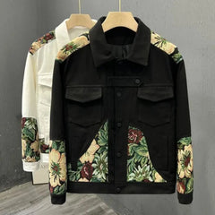 Hearujoy Y2K Retro Korean Cargo Style Lapel Men Floral Embroidered Patchwork Tops Design Jacket Mens Workwear Spring Autumn Slim Jacket