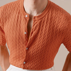 HEARUJOY  -  Summer Tencel Cotton Jacquard Knit Cardigan Men's Short Sleeve Thin Round Neck Draped Casual Business T-Shirt Breathable Polo
