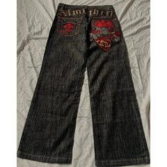Hearujoy Y2k fully embroidered patchwork fashion brand heavy industry jeans high street American hip-hop fashion retro straight trousers