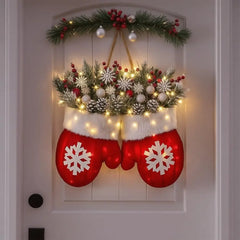 YICKYUE  -  1pcs Twinkling Christmas Mitten Wreath Christmas Lighted Werath Front Door Artificial Garland for Party Wall Decoration