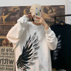 HEARUJOY  -  Dark Feather Wings Printed Round Neck Sweater Men's Fall Plus Size Plus Size Loose Pullover Versatile Top