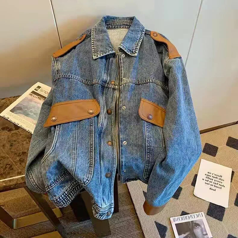 YICKYUE  -  American Retro Denim Jacket Men High Street Patchwork Long Sleeved Loose Denim Cowboy Coat Autumn Winter Fashion Top Streetwear