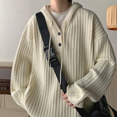 Hearujoy Winter Clothing Men's Luxury Knitted Hooded Pullover Sweater Casual Streetwear Button-down Solid Color Long Sleeve Hoodie
