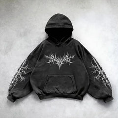 Hearujoy Gothic Punk Oversized Graphic Print Black Hoodies Loose Harajuku Long Sleeved Pullover Men and Women Sweatshirt Tops Y2k Hoodie