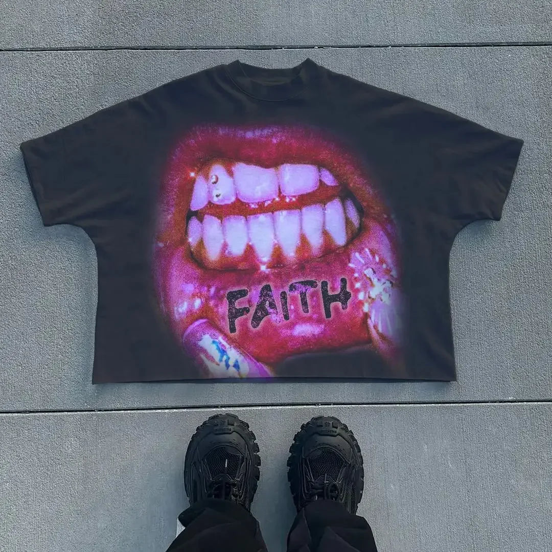 Hearujoy American Trend Hip-hop Flame Red Lip Print T-shirt Women's Summer Loose T-shirt Street Y2K Harajuku Style Couple Short-sleeved