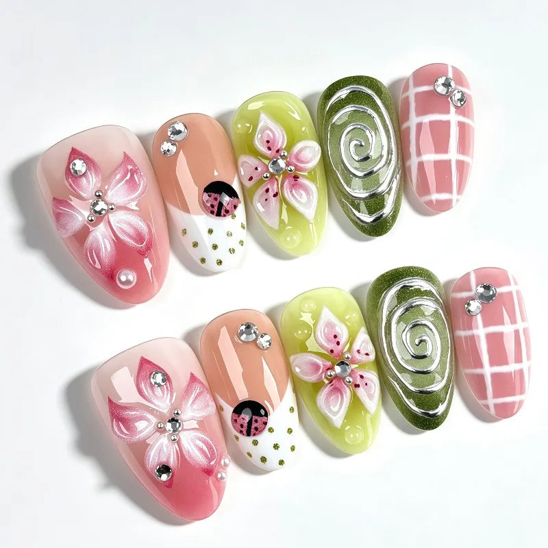 YICKYUE  -  24pcs 3D French Carved Flowers Press on Nails Handmade False Nails for Women&Girls High Quality Summer New Nail Tips 네일팁