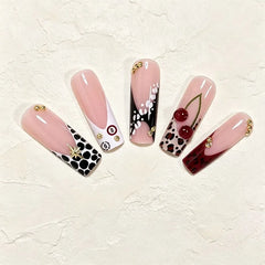 YICKYUE  -  24Pcs Press-On Nails Extra-Long Square Nails with Retro Leopard Print French Tip and Cherry Gold Beads—Perfect for Everyday Wear