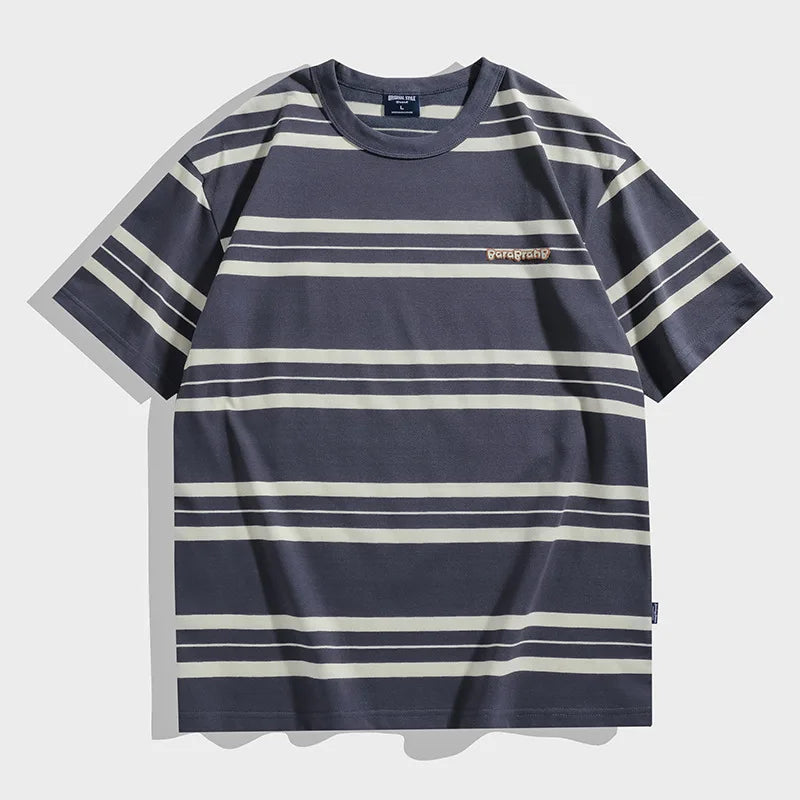 HEARUJOY  -  Men's Striped Short Sleeved T-shirt Japanese Retro Style Summer Round Neck Tshirt Streetwear Casual Loose Stripe Tops Tee
