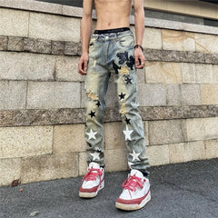 Hearujoy High Street Star Patch Embroidery Ripped Jeans Men's and Women's Same Style Retro Fashion Washed Distressed Slim Pants